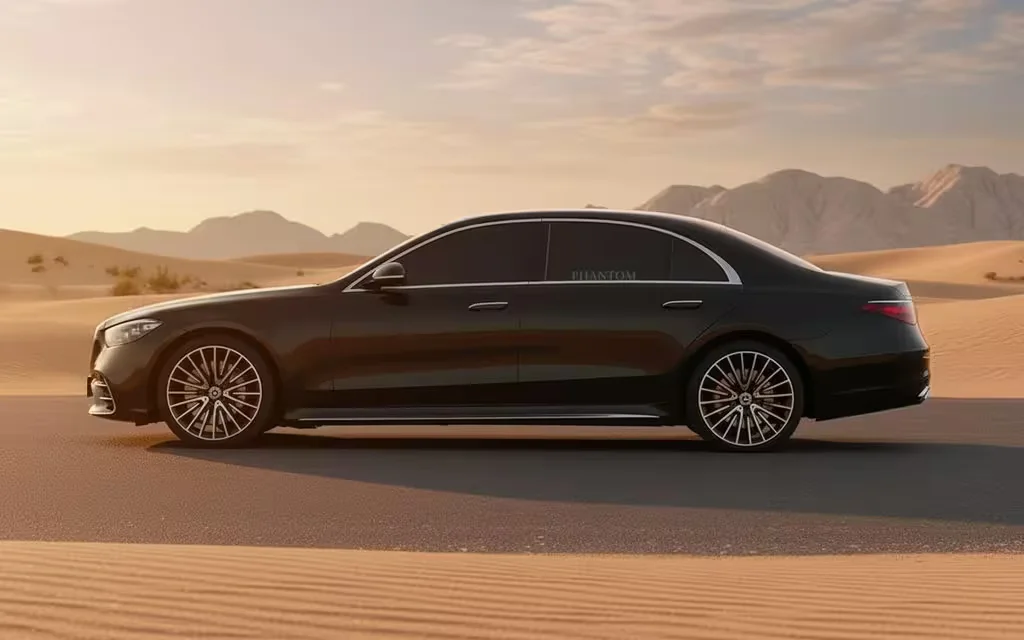 Mercedes S500 2021 Black side profile – rental in Dubai