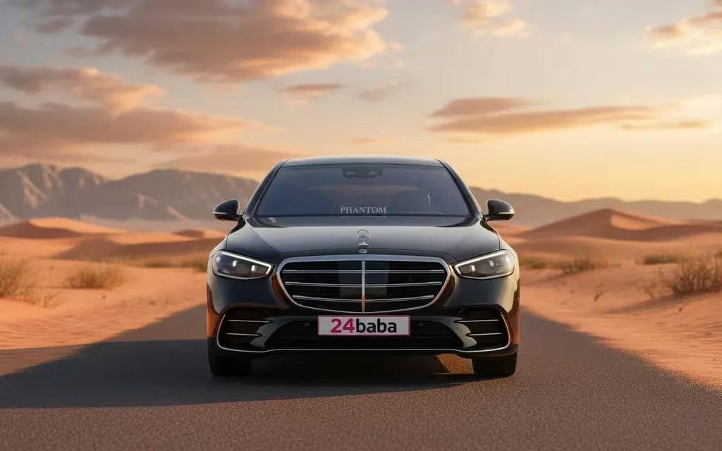 Mercedes S500 2021 Black front view with headlights – rental in Dubai
