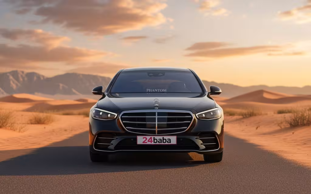 Mercedes S500 2021 Black front view with headlights – rental in Dubai