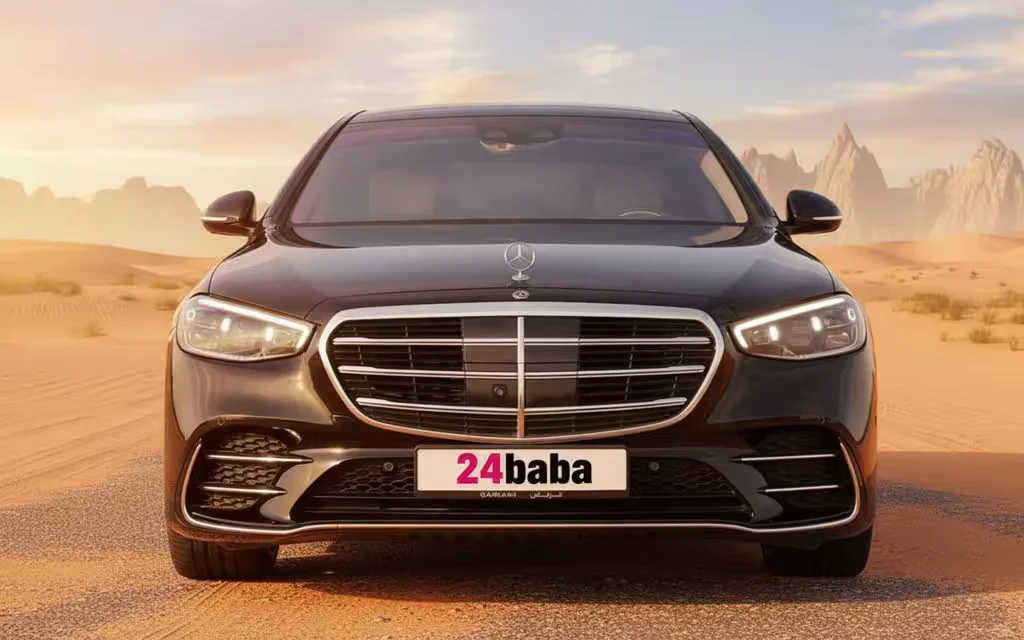 Mercedes S500 2021 Black front view with headlights – rental in Dubai