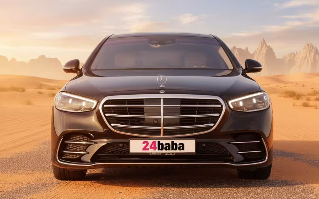 Mercedes S500 2021 Black front view with headlights – rental in Dubai