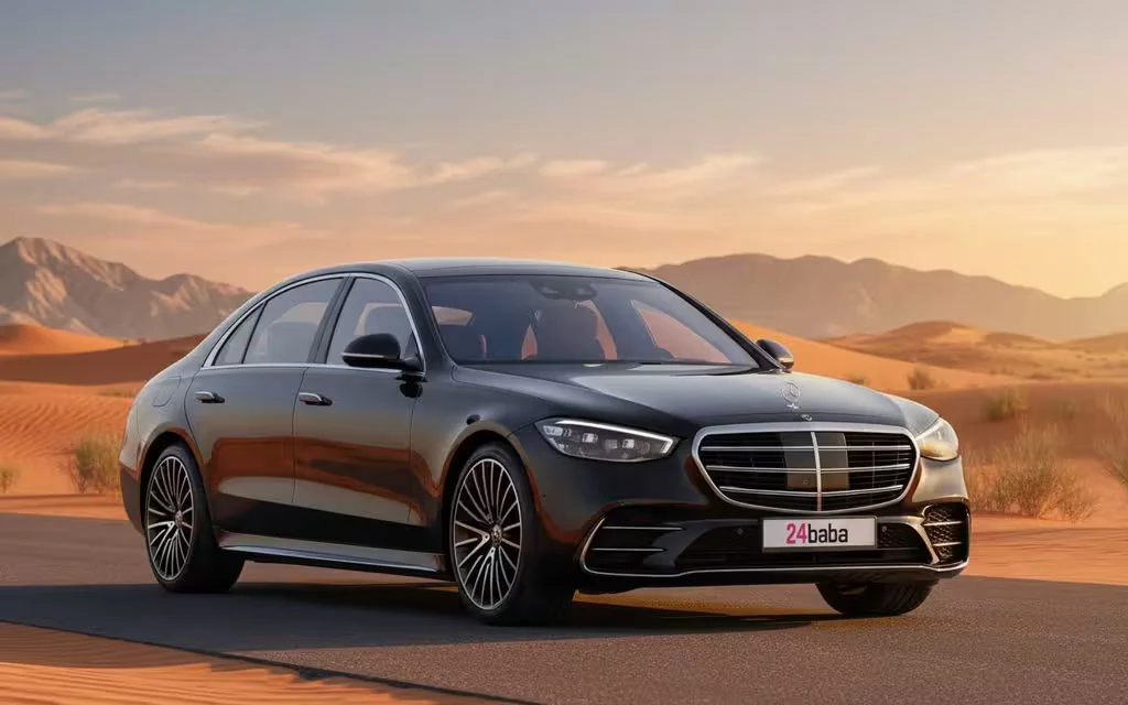 Mercedes S500 2022 Black front view with headlights – rental in Dubai