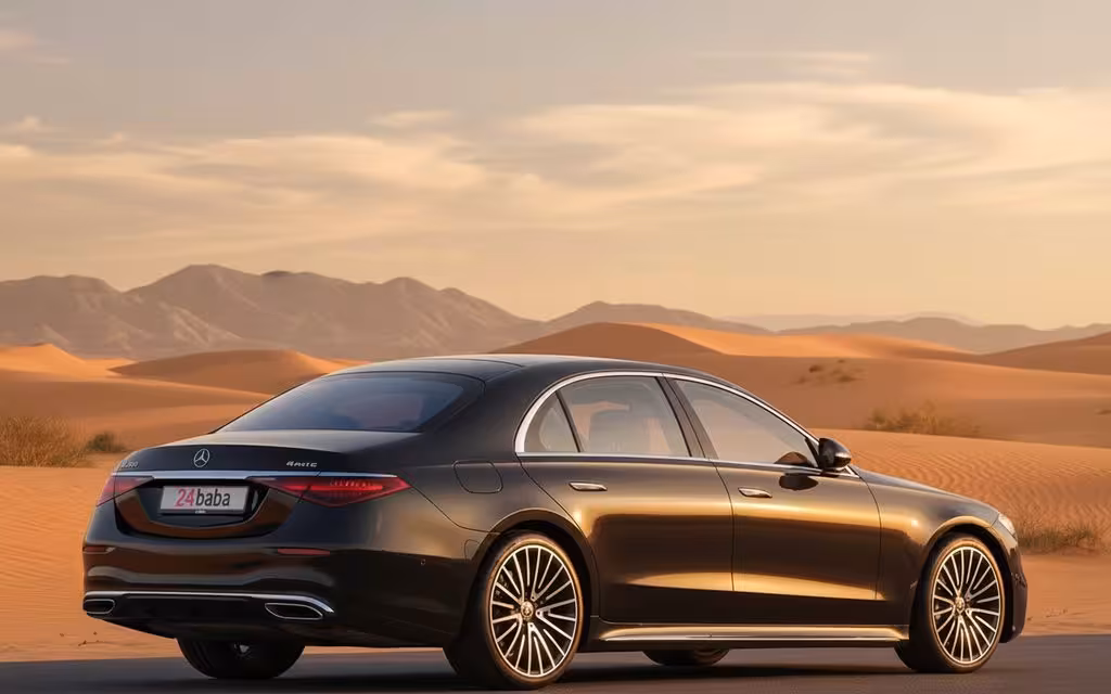 Mercedes S500 2022 Black rear view showing taillights – rental in Dubai