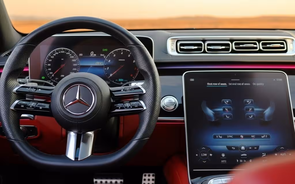 Mercedes S500 2022 interior view showing trim – rental in Dubai