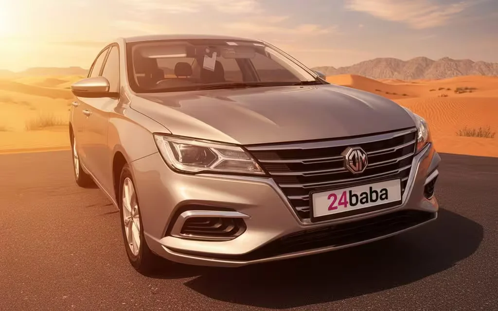 Mg 5 2023 Silver front view with headlights – rental in Dubai