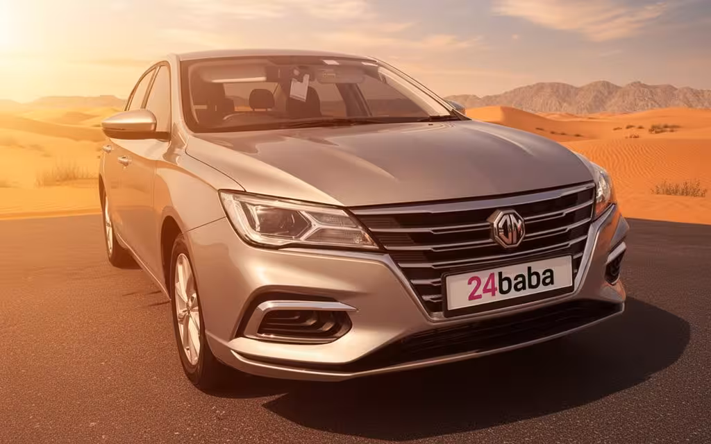 Mg 5 2023 Silver front view with headlights – rental in Dubai