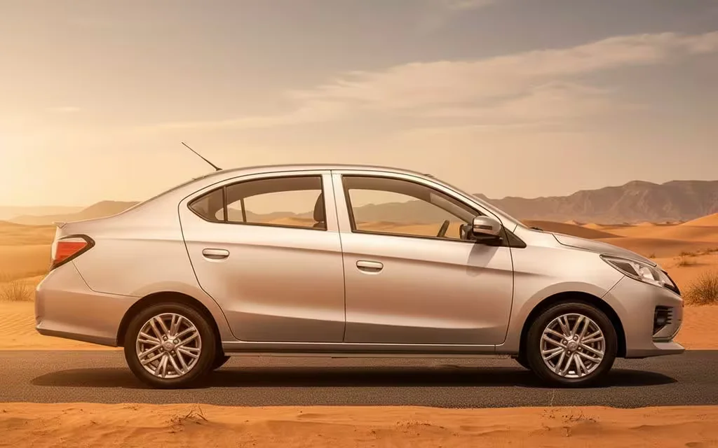Mitsubishi Attrage 2025 Silver side profile – rental in Dubai