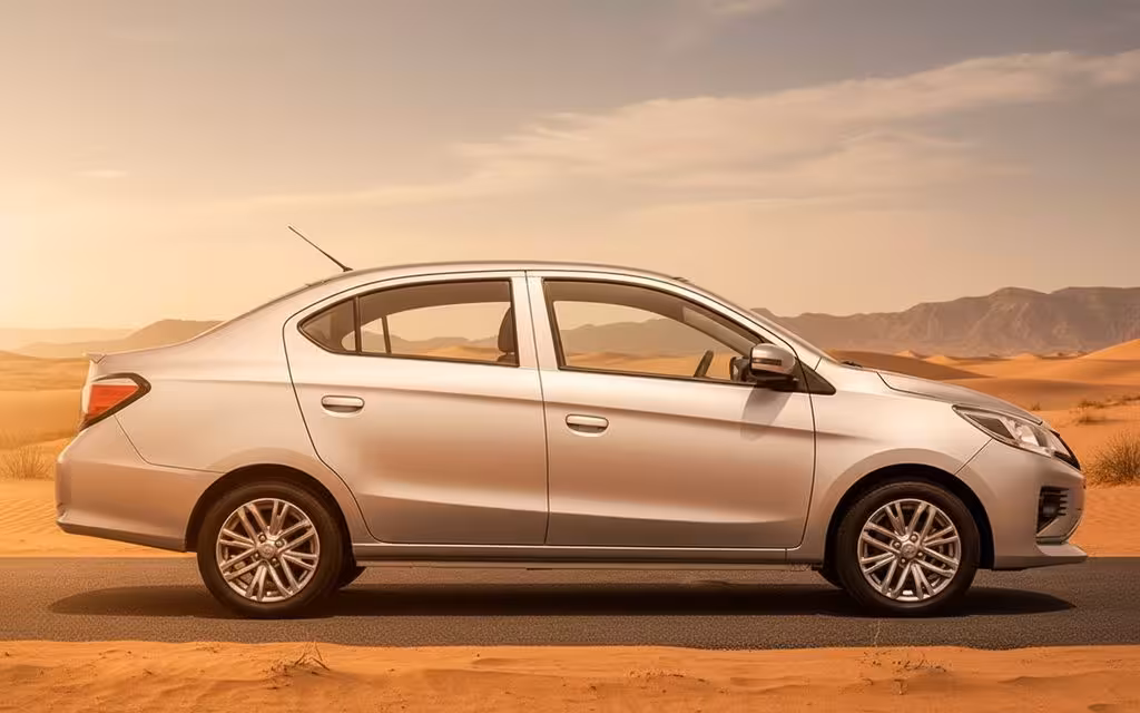 Mitsubishi Attrage 2025 Silver side profile – rental in Dubai