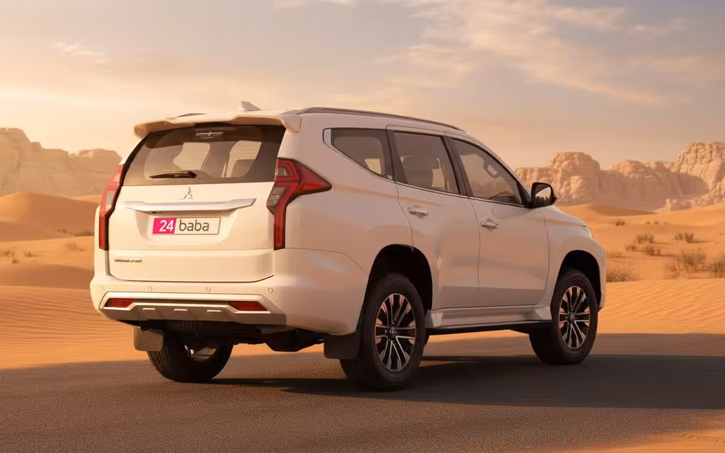 Mitsubishi Montero 2023 White rear view showing taillights – rental in Dubai