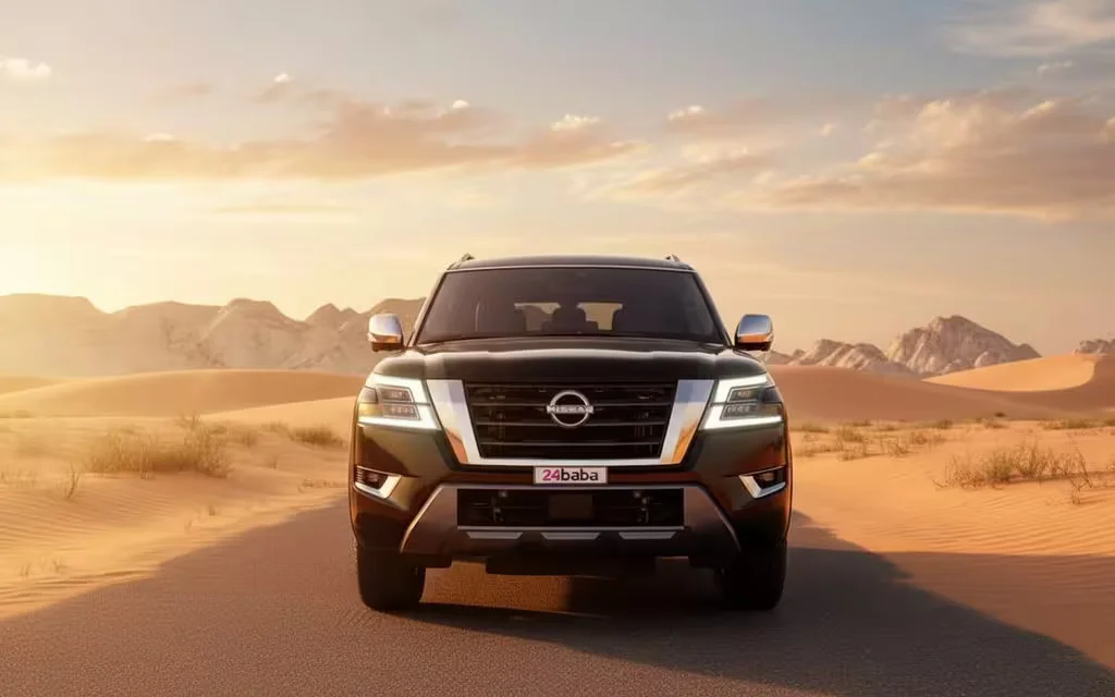 Nissan Armada 2024 Black front view with headlights – rental in Dubai