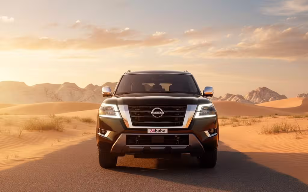Nissan Armada 2024 Black front view with headlights – rental in Dubai