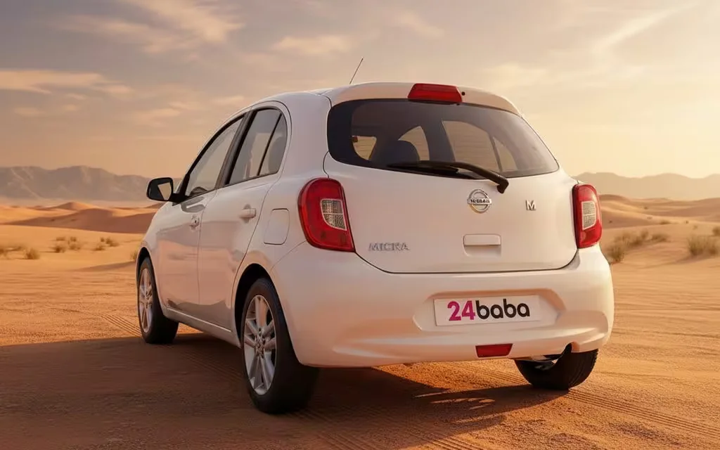 Nissan Micra 2020 White rear view showing taillights – rental in Dubai