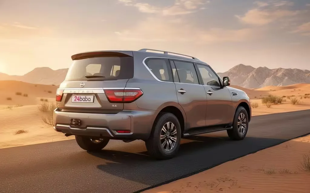 Nissan Patrol 2021 Grey rear view showing taillights – rental in Dubai