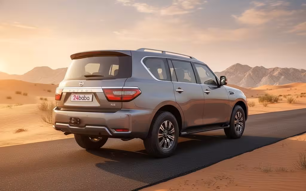 Nissan Patrol 2021 Grey rear view showing taillights – rental in Dubai
