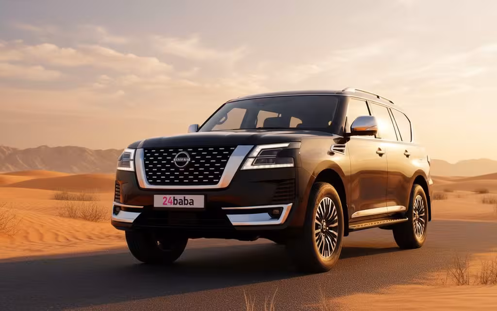 Nissan Patrol 2022 Black front view with headlights – rental in Dubai