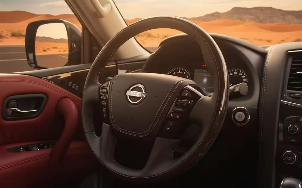 Nissan Patrol 2022 steering wheel close up – rental in Dubai