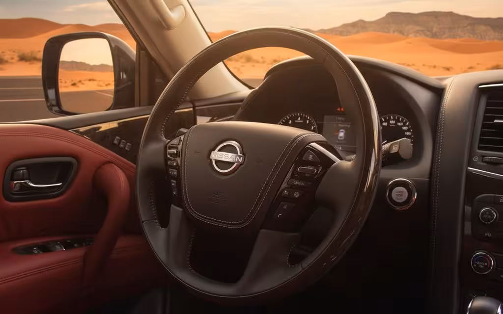 Nissan Patrol 2022 steering wheel close up – rental in Dubai