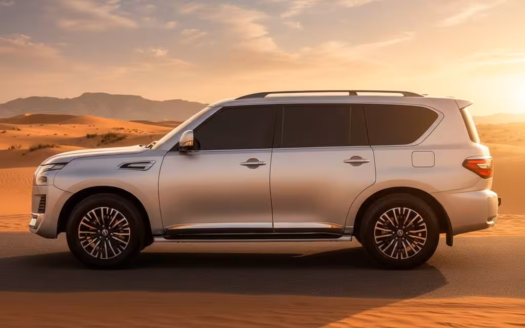 Nissan Patrol 2023 Silver side profile – rental in Dubai