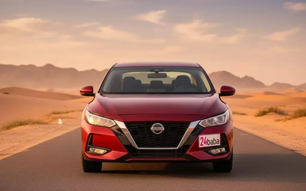 Nissan Sentra 2022 Red front view with headlights – rental in Dubai