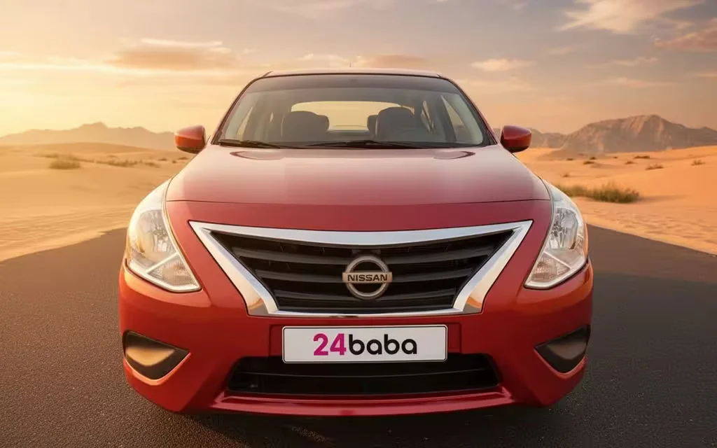 Nissan Versa 2020 Red front view with headlights – rental in Dubai