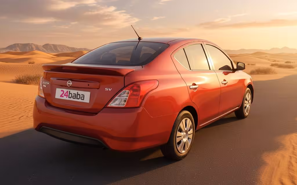 Nissan Versa 2020 Red rear view showing taillights – rental in Dubai