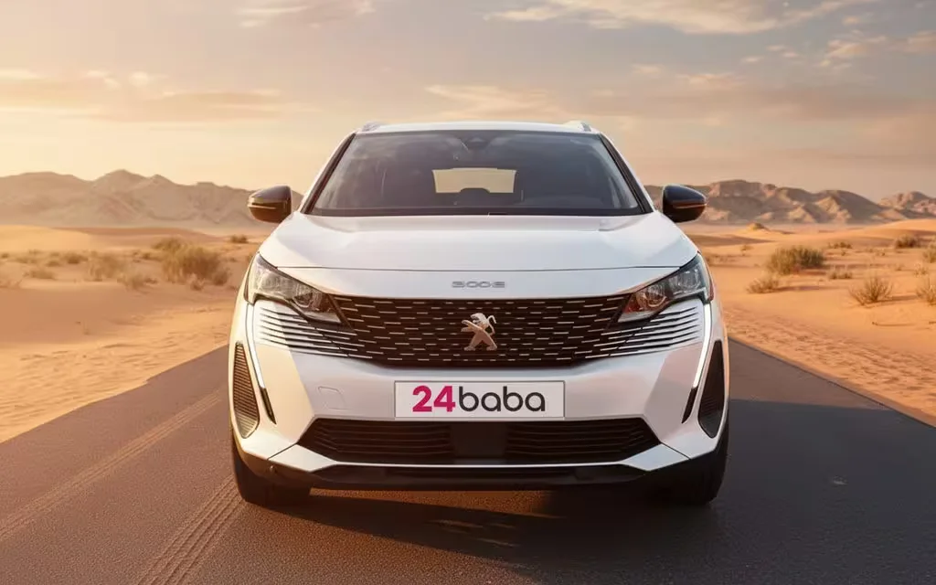Peugeot 3008 2023 White front view with headlights – rental in Dubai