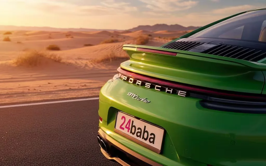 Porsche 911 2021 Green rear view showing taillights – rental in Dubai