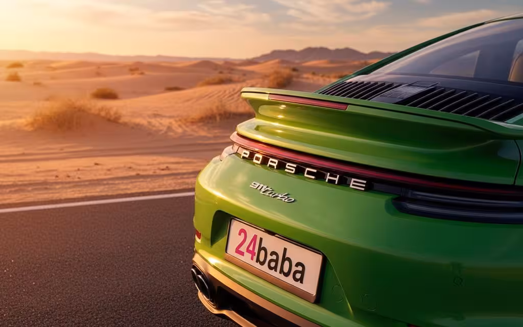Porsche 911 2021 Green rear view showing taillights – rental in Dubai