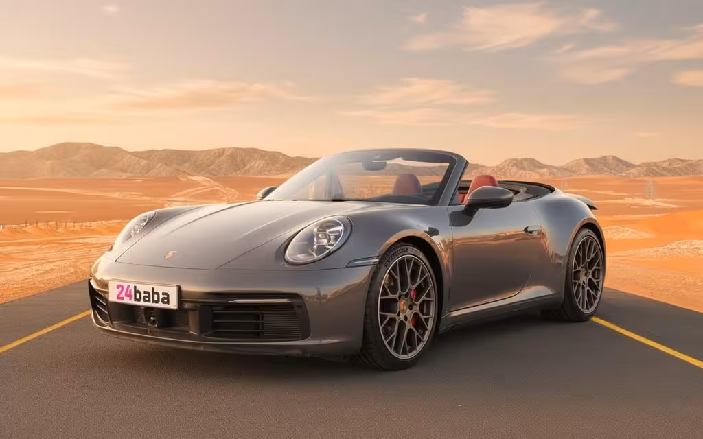 Porsche 911 2023 Grey front view with headlights – rental in Dubai
