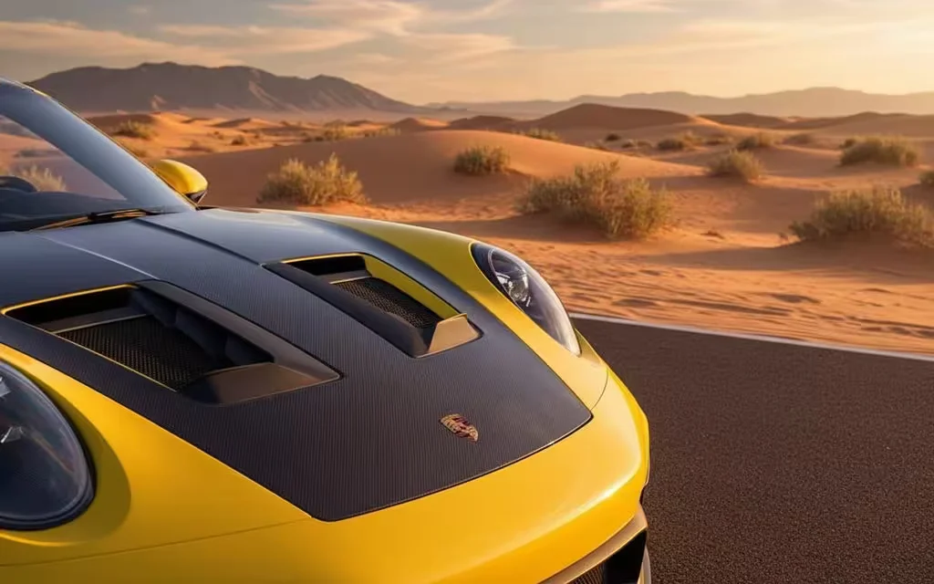 Porsche 911 2024 Yellow front view with headlights – rental in Dubai