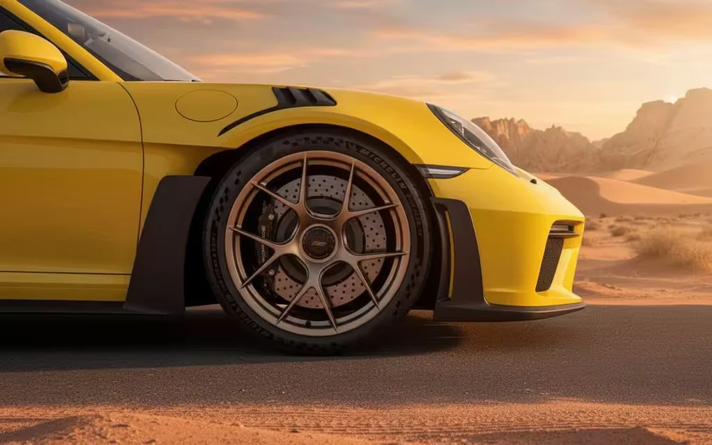 Porsche 911 2024 alloy wheel close up – rental in Dubai