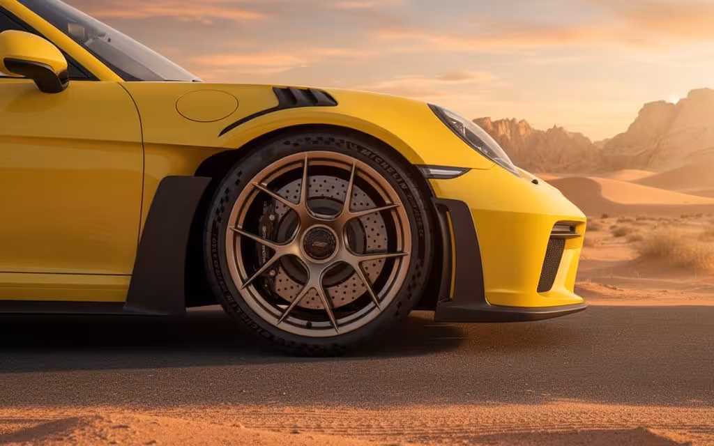 Porsche 911 2024 alloy wheel close up – rental in Dubai