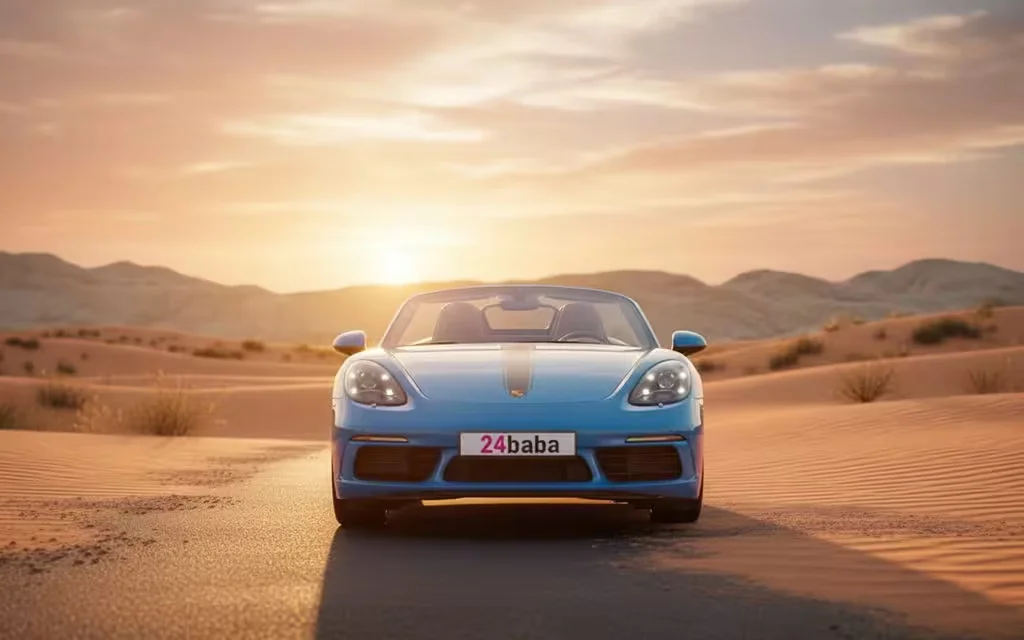 Porsche Boxster 2023 Blue front view with headlights – rental in Dubai