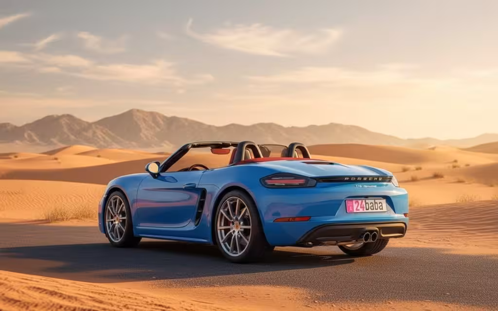 Porsche Boxster 2023 Blue rear view showing taillights – rental in Dubai