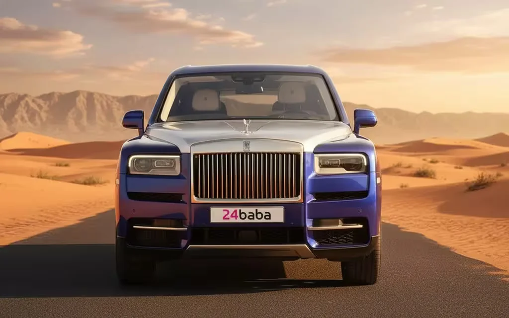RollsRoyce Cullinan 2022 Blue front view with headlights – rental in Dubai