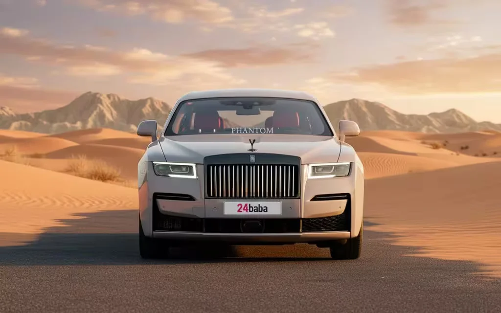 RollsRoyce Ghost 2023 Grey front view with headlights – rental in Dubai