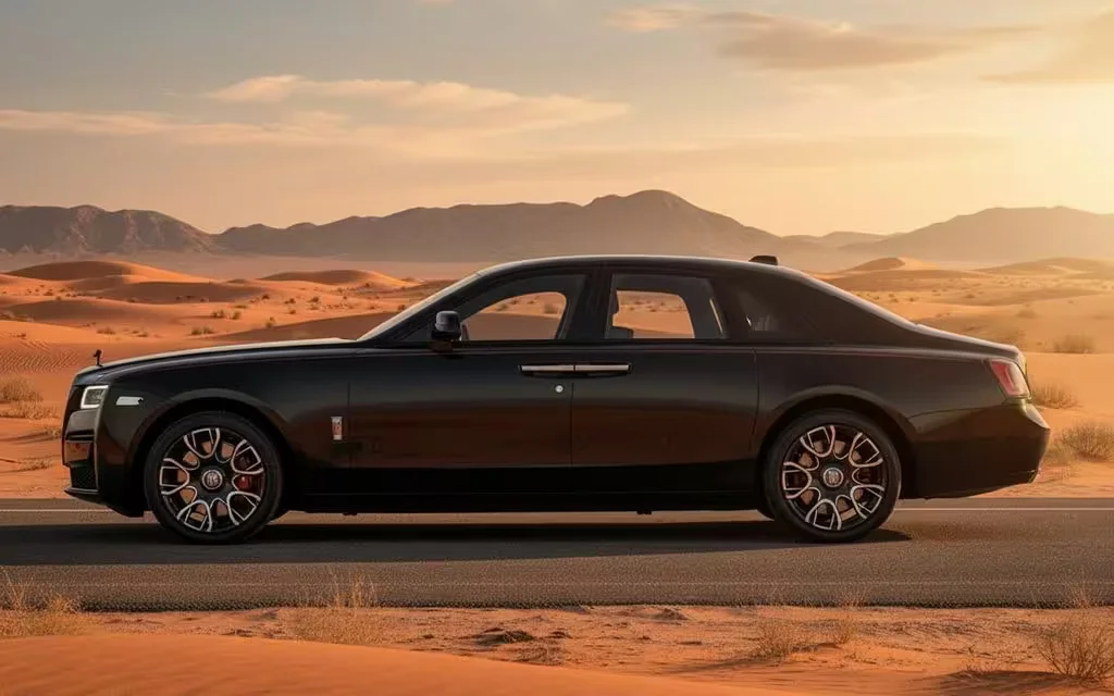 RollsRoyce Ghost 2023 Black side profile – rental in Dubai