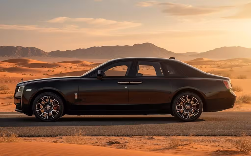RollsRoyce Ghost 2023 Black side profile – rental in Dubai