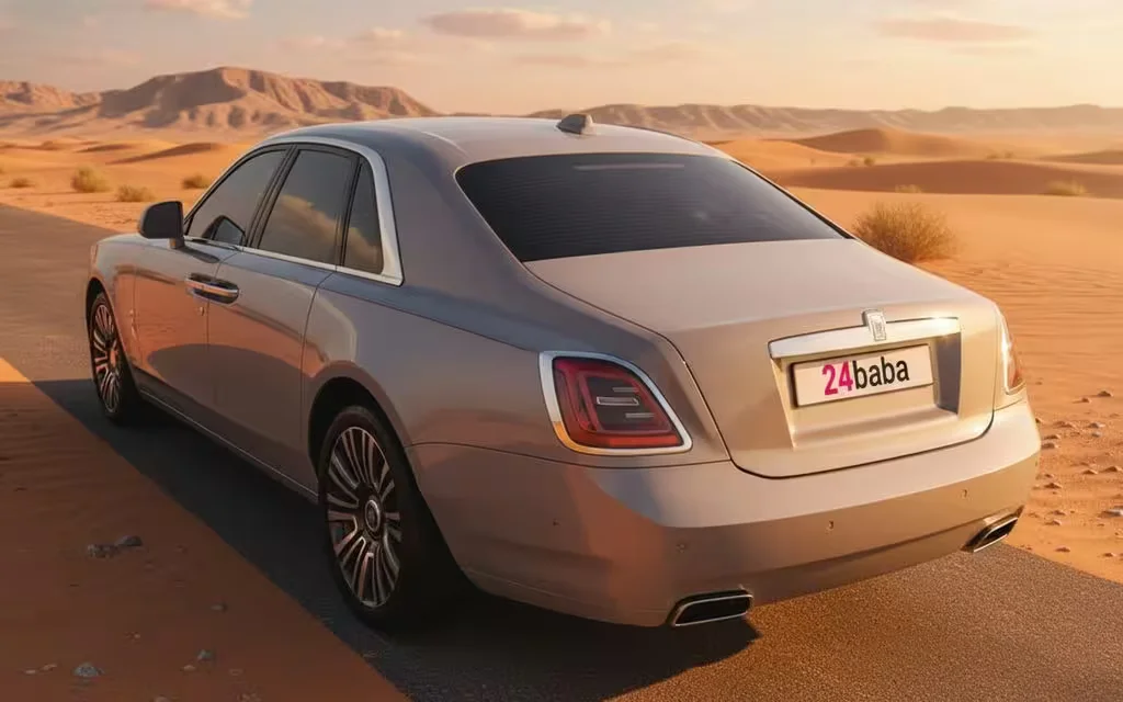 RollsRoyce Ghost 2023 Silver rear view showing taillights – rental in Dubai