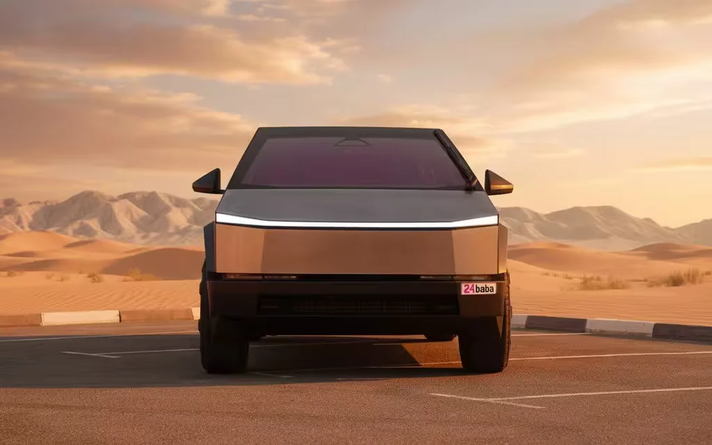 Tesla Cybertruck 2025 Yellow front view with headlights – rental in Dubai