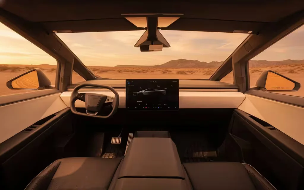 Tesla Cybertruck 2025 interior view showing trim – rental in Dubai