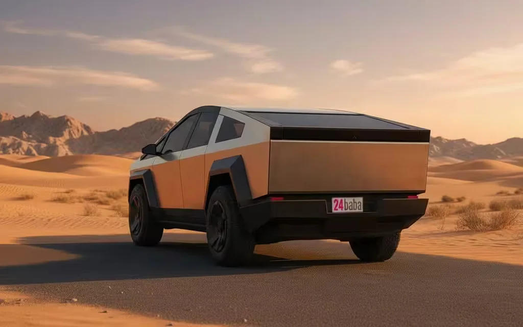Tesla Cybertruck 2025 Yellow rear view showing taillights – rental in Dubai