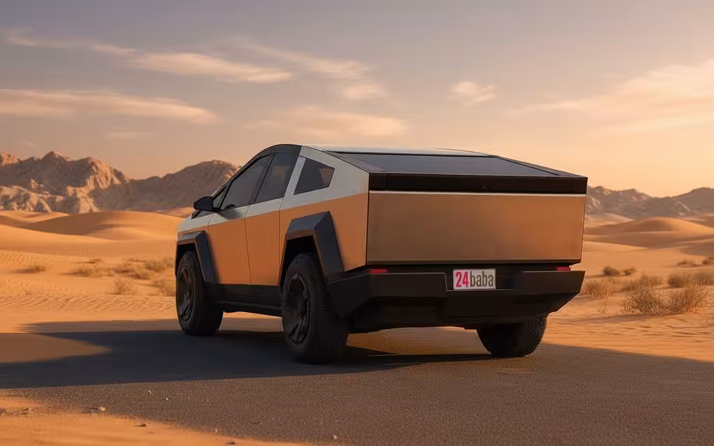 Tesla Cybertruck 2025 Yellow rear view showing taillights – rental in Dubai