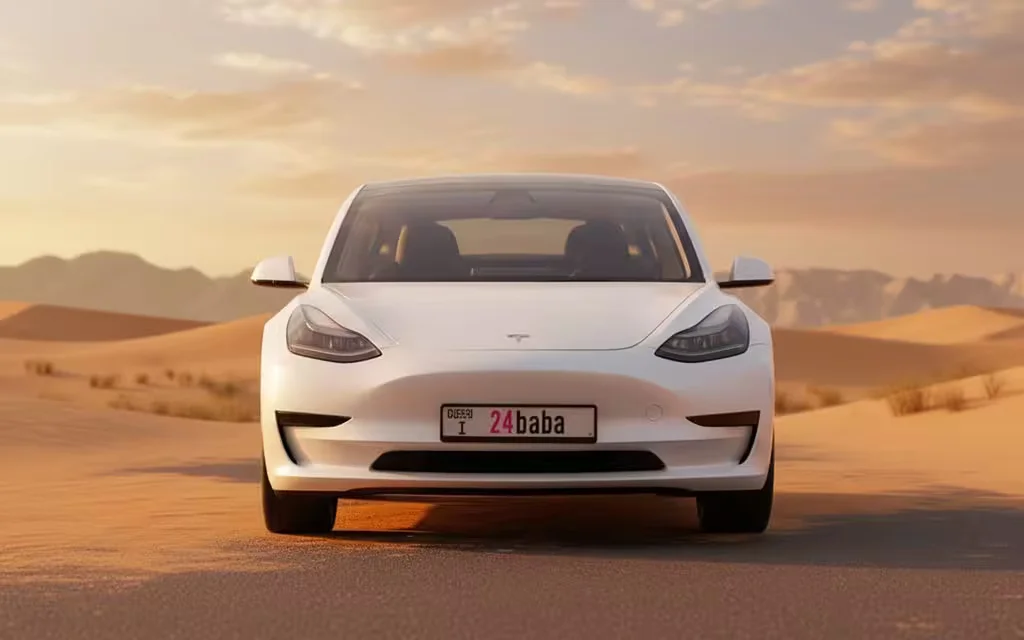 Tesla Model3 2021 White front view with headlights – rental in Dubai