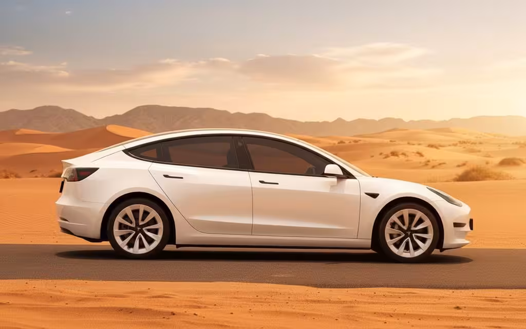 Tesla Model3 2021 White side profile – rental in Dubai