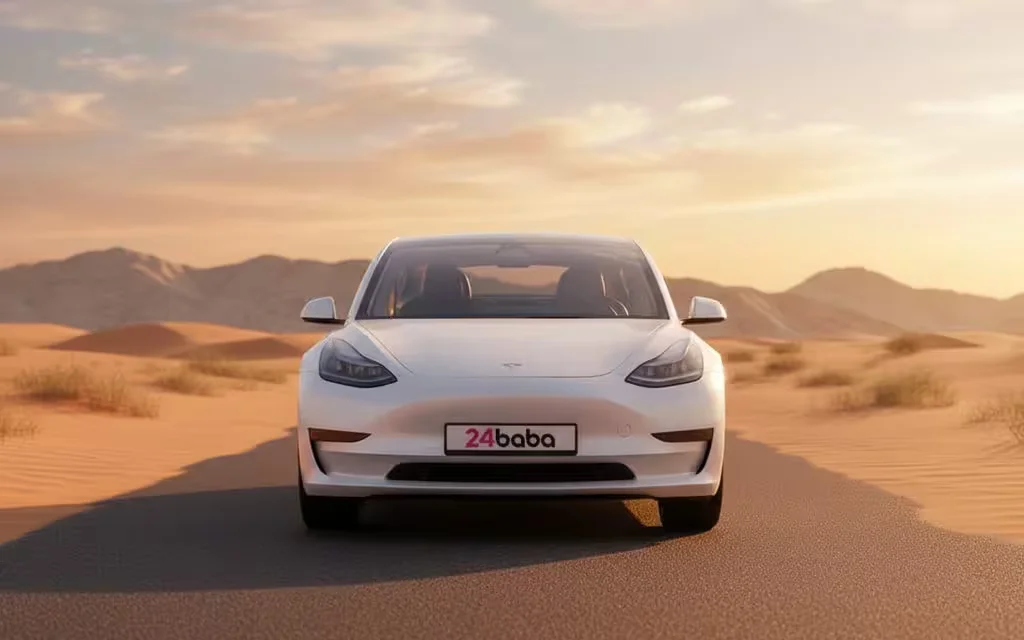 Tesla Model3 2023 White front view with headlights