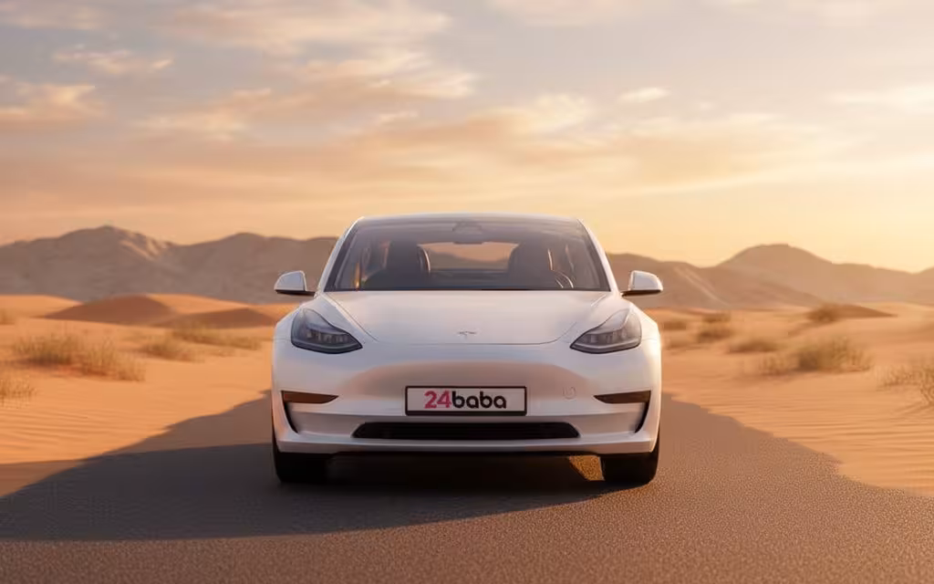 Tesla Model3 2023 White front view with headlights