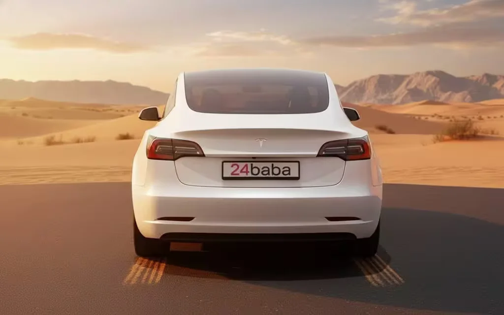 Tesla Model3 2023 White rear view showing taillights – rental in Dubai