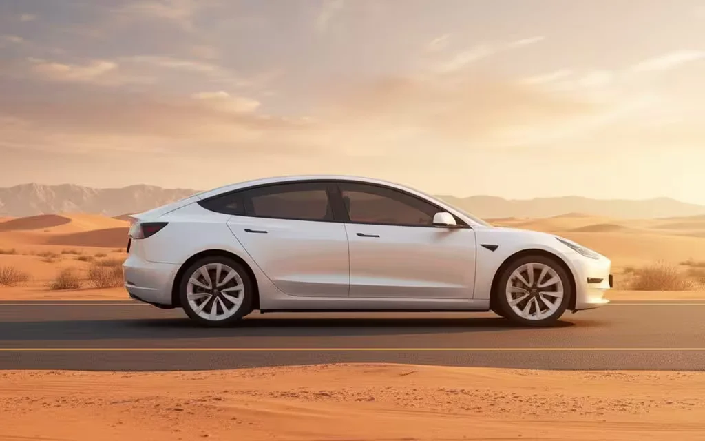 Tesla Model3 2023 White side profile – rental in Dubai