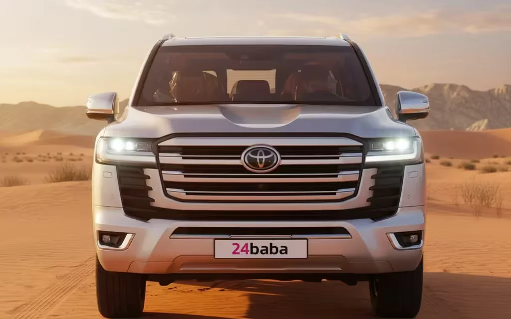 Toyota LandCruiser 2023 Silver front view with headlights – rental in Dubai